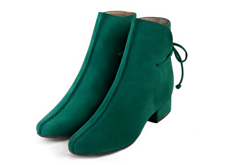 Feminine back lace-up ankle boots featuring romantic corset-style ties, designed for a striking silhouette from day to evening, in peacock blue leather with round toe and low block heel